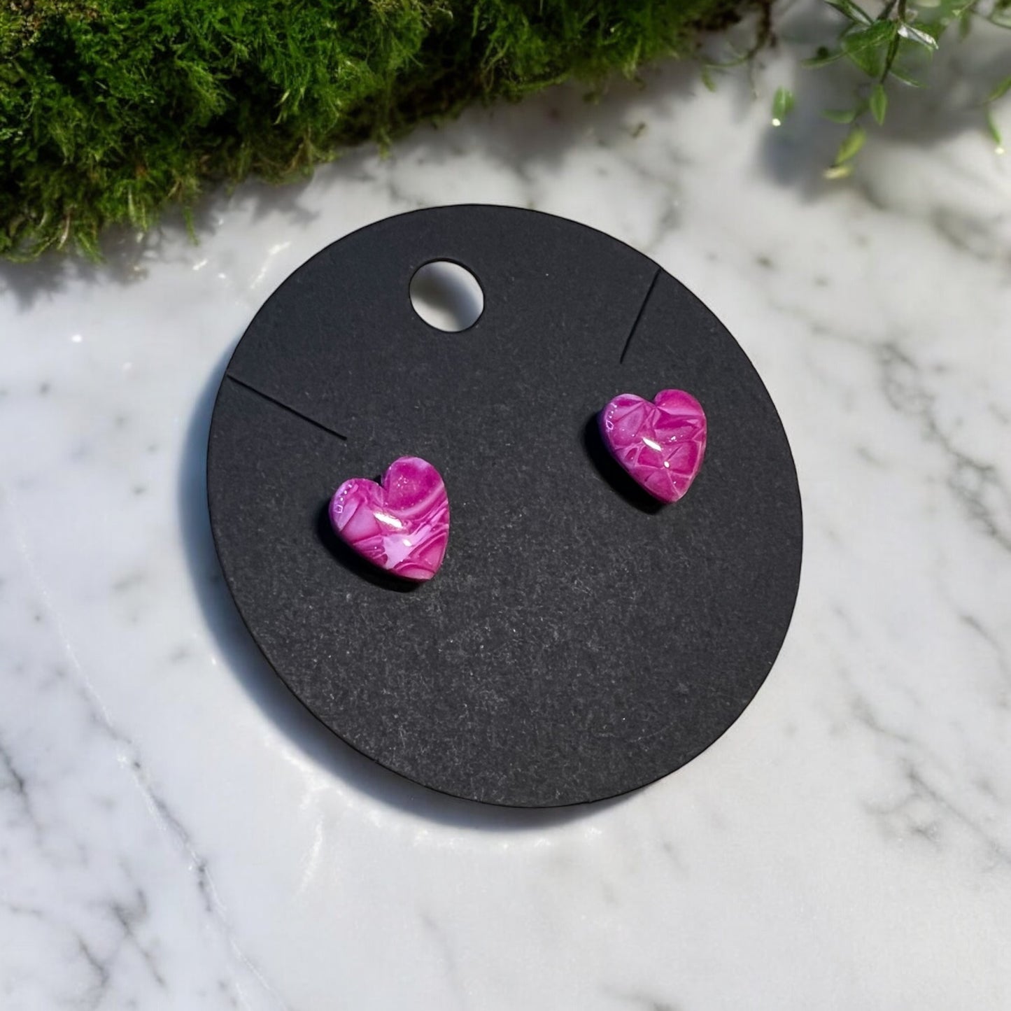 Pink Marbled Heart Studs