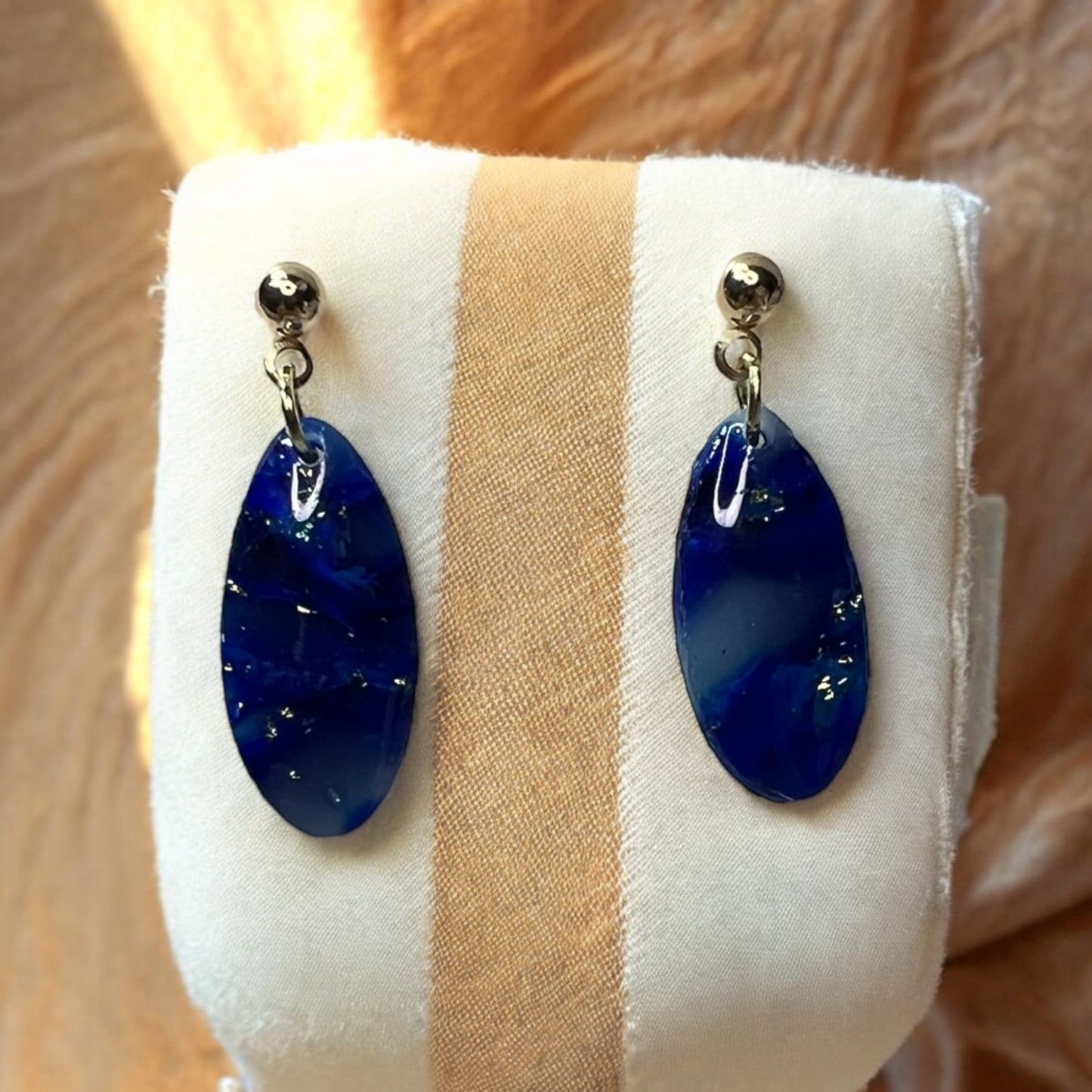 Faux Marble Blue Oval Earrings